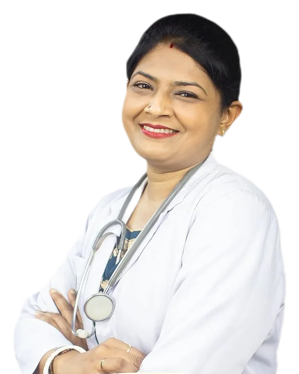 Prof. Dr. Joysree Saha, obstetrician and gynaecologist, in her white coat with a stethoscope
